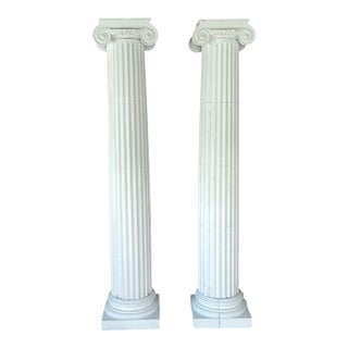 Very Large 8 Ft Neoclassical Fluted White Carved Wood Architectural Columns, a Pair For Sale