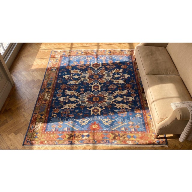 Great Blue and Camel Color With Rhombus and Florid Design Antique Caucasian Bidjov Rug For Sale - Image 15 of 15