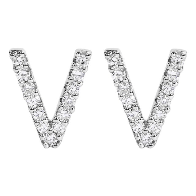 10K White Gold 1/10 Cttw Diamond 'V' Initial Stud Earring For Sale