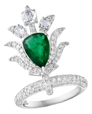 2 Ct Finest Zambian Pear Emerald & 2 Ct Diamond Ring in 18 Kt Gold Size 7