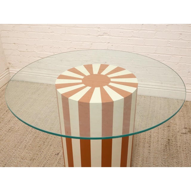 Postmodern Mid 20th Century Postmodern Orange and Cream Striped Pedestal Dining Table With Glass Top For Sale - Image 3 of 9