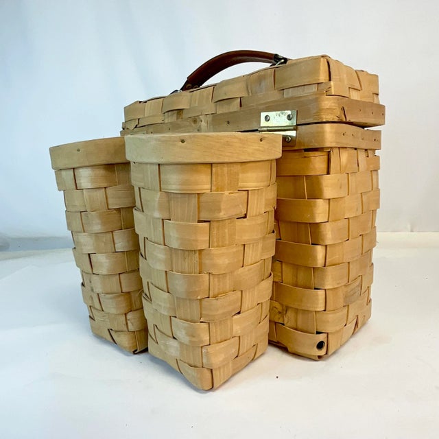 Boho Chic 1980s Vintage Boho Chic Coastal Arts & Crafts Woven Maple Slat Wine Picnic Basket For Sale - Image 3 of 8