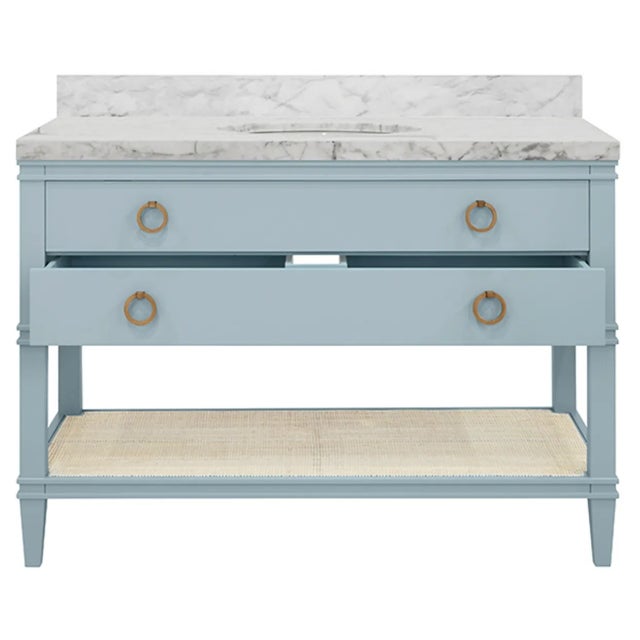 2020s Matthew Izzo Home Cutler Light Blue Matte Lacquer Single Sink, Two Drawer Bath Vanity With Open Can Shelf and Brass Drawer Pulls For Sale - Image 5 of 7
