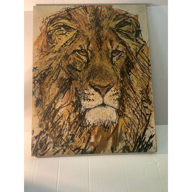 Textile Vintage Mid Century Modern Lion Portrait Painting by Fritz Rudolf Hug Framed 60s 1960s MCM Mid 20th Century For Sale - Image 7 of 12