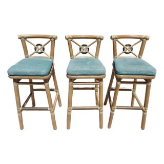 Set of Three Vintage McGuire Target Back Bamboo Barstools W Leather Straps For Sale