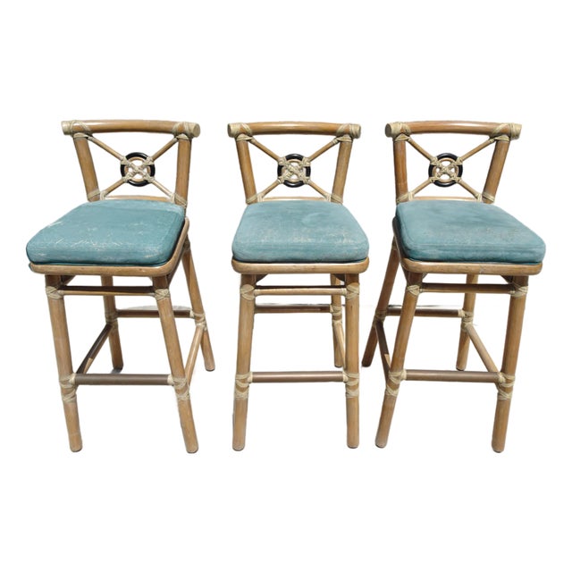 Set of Three Vintage McGuire Target Back Bamboo Barstools W Leather Straps For Sale