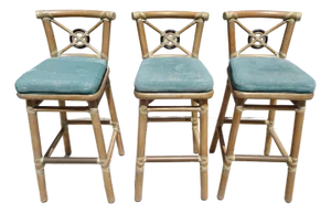 Set of Three Vintage McGuire Target Back Bamboo Barstools W Leather Straps