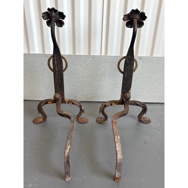Vintage Brass Hammered Flower Fireplace Andirons For Sale - Image 4 of 10