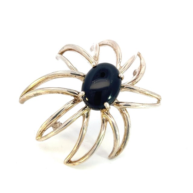 Contemporary 1990s Tiffany & Co Estate Large Onyx Flower Brooch Sterling Silver For Sale - Image 3 of 10