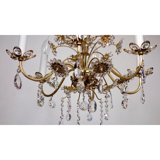 Brass & Lead Crystal Chandelier with Flowers from Palwa, 1970s For Sale - Image 4 of 15