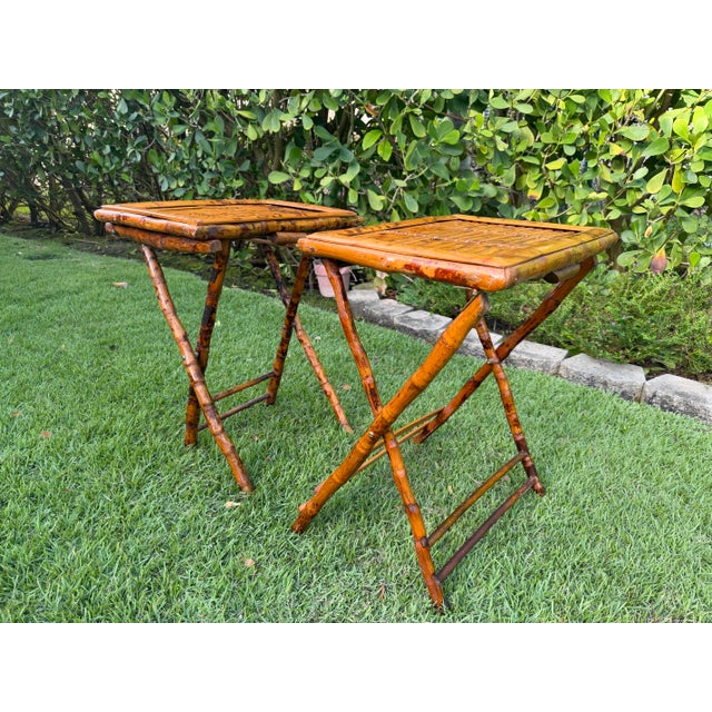 Vintage Burnt Bamboo Folding Tray Tables, a Pair For Sale In Naples, FL - Image 6 of 10