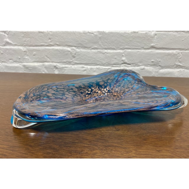 Blue Hand-Blown Blue Art Glass Candy Dish With Copper Inclusions | Sculptural Modern Glass Bowl | Mid Century Modern Decor Accent, C. 1960's For Sale - Image 8 of 11