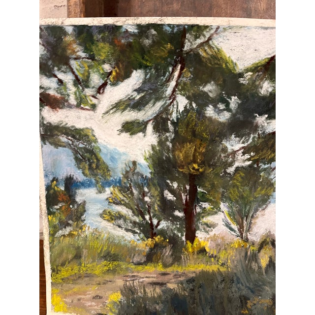 Post Impressionist 1990s Original Plein Air Style Oil Pastel Landscape, Pines and Sagebrush With Distant Lake, Unknown Artist For Sale - Image 3 of 5