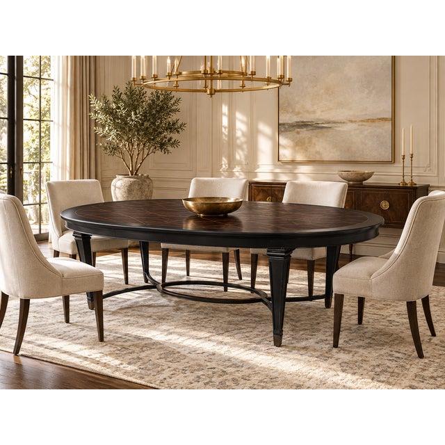 An exceptional late 20th century dining table by Henredon, featuring a richly figured zebrawood veneer top with an elegant...
