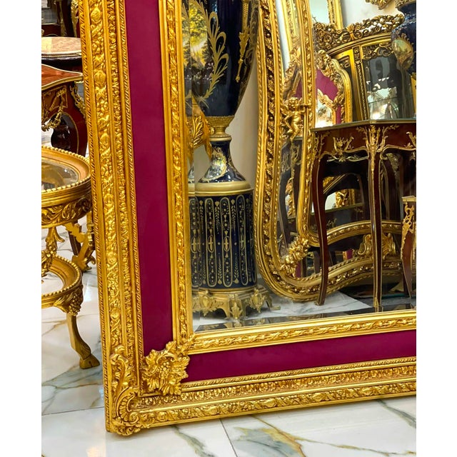 French Rococo Mirror – Burgundy Velvet Paneling & Ornate Gold Leaf Frame For Sale - Image 4 of 6