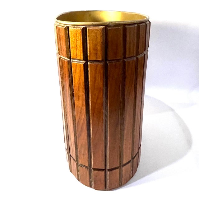 Mid 20th Century MCM Beveled Walnut Slat Wastepaper Trashcan For Sale - Image 4 of 7