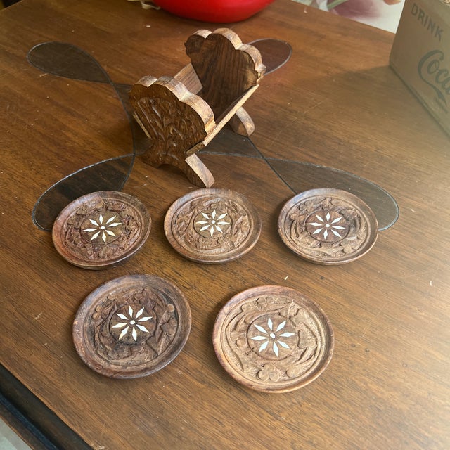 1970s 1970s Collection of Hand Carved Wooden Coasters With Holder - 6 pcs For Sale - Image 5 of 12