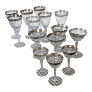 1950s Glastonbury Lotus Rambler Rose Pattern Platinum Encrusted Crystal Goblets Set- 14 Pieces