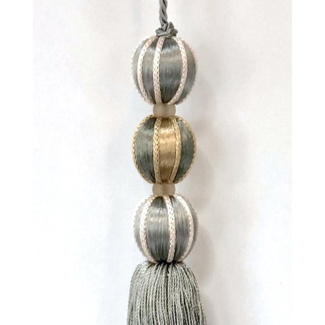 Glass Pair of Beaded Satin Key Tassels in Bluestone Color For Sale - Image 7 of 13