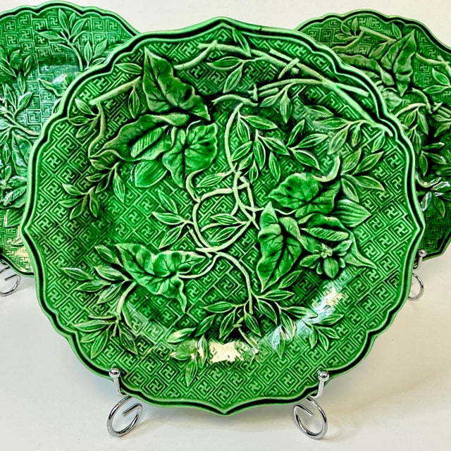 Ceramic 1878 Antique Victorian French l'Art Vegetal Green Majolica Clairefountaine Salad Plates - Set of 3 For Sale - Image 7 of 10