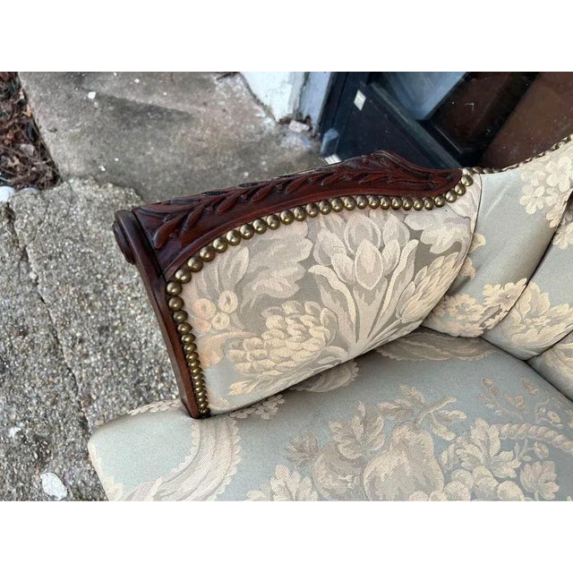 Art Nouveau Vintage Hollywood Regency Style Carved Mahogany and Tufted Upholstered Armchair. For Sale - Image 3 of 13