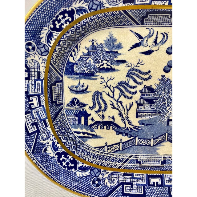 English Antique Oval Gold Rimmed Blue Willow Side Dish /Vegetable Serving Platter From England - Circa 1850 For Sale - Image 3 of 11