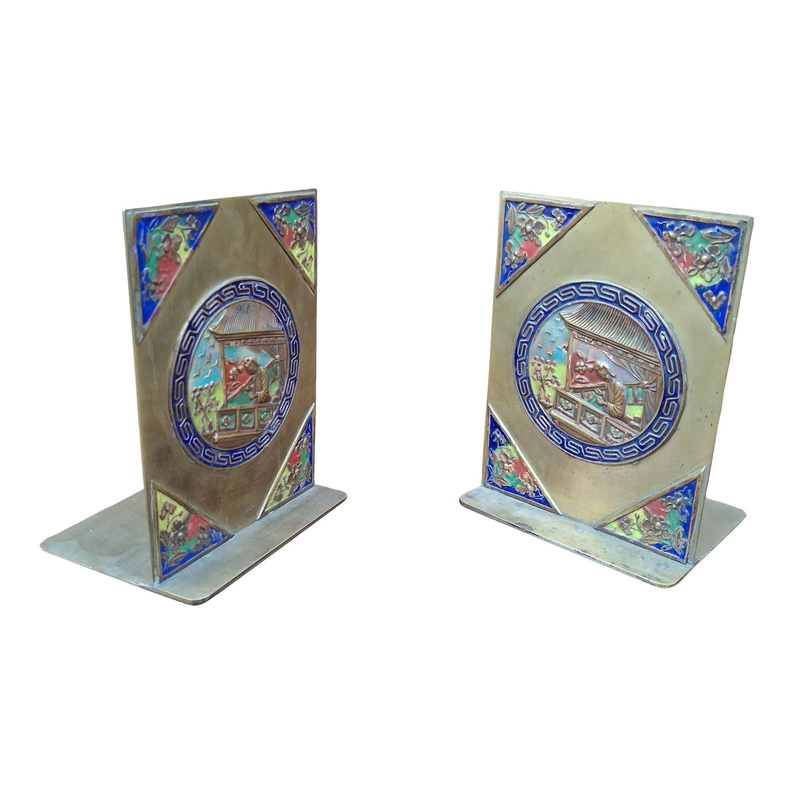 Pair of Antique Brass & Enamel Cloisonne Chinese Bookends | Chairish