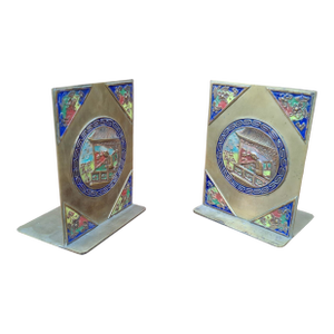 Pair of Antique Brass & Enamel Cloisonne Chinese Bookends