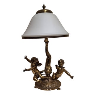 Vintage Table Lamp with Brass Base and Opaque White Glass Shade, 1990s For Sale