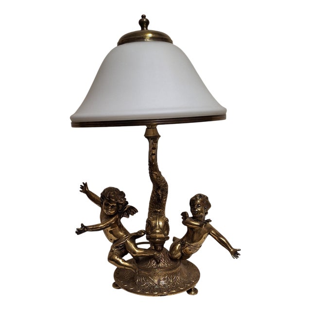 Vintage Table Lamp with Brass Base and Opaque White Glass Shade, 1990s For Sale