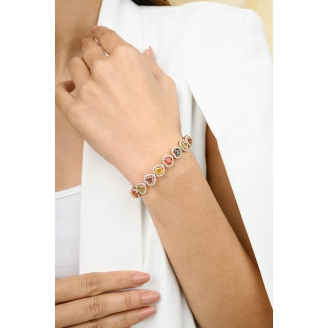 Art Deco 18k Rose Gold Heart Cut Multi Sapphire Halo Diamond Bracelet For Sale - Image 3 of 8