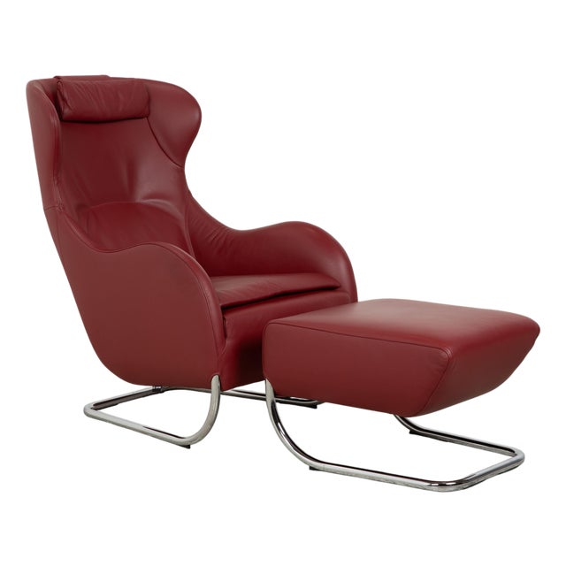 Set of Leather Jolly Armchair and Ottoman in Red Wine from Wittmann For Sale