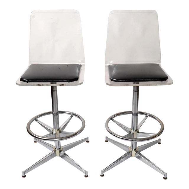 1970s Sculptural Swivel Lucite Chrome Counter Stools with Black Vinyl Seats - a Pair For Sale