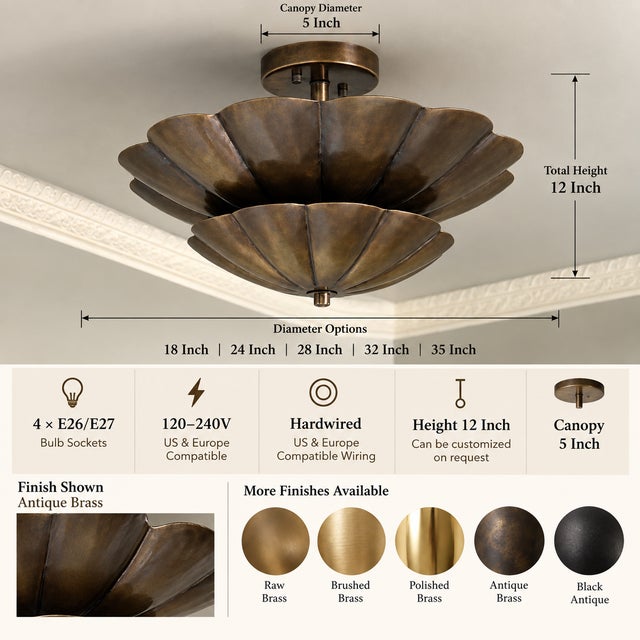 Mid-Century Modern Contemporary Vintage-Style Brass Ceiling Flush Mount Light – Flower Petal Design | Antique Finish Semi-Flush Fixture For Sale - Image 3 of 10