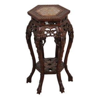Chinese Antique Hexagonal Carved Plant Stand With Inlaid Marble Top For Sale