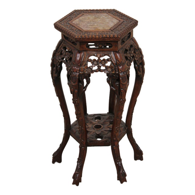 Chinese Antique Hexagonal Carved Plant Stand With Inlaid Marble Top For Sale