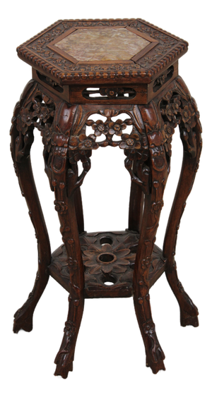 Chinese Antique Hexagonal Carved Plant Stand With Inlaid Marble Top
