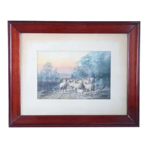 Late 19th Century George Riecke Watercolor on Paper Painting, Landscape With Sheep