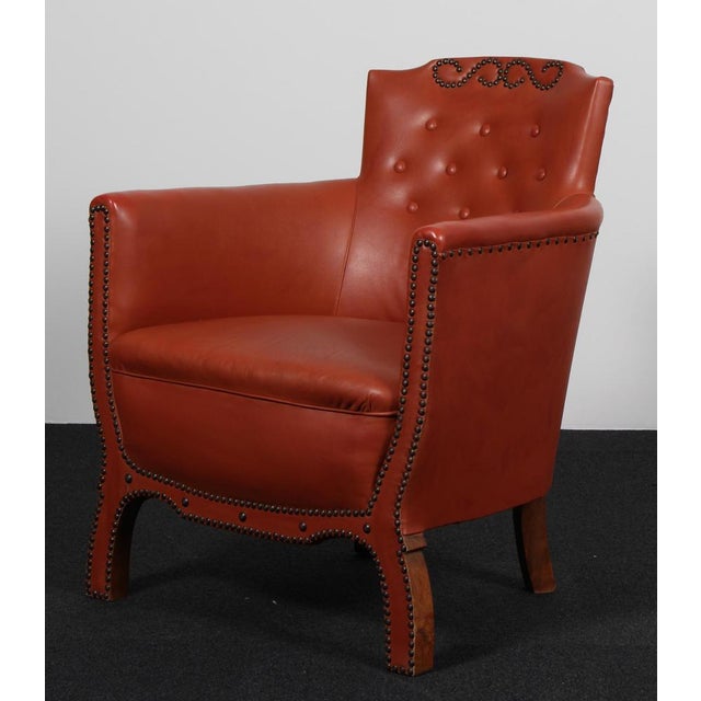 Otto Schulz lounge chair with original patinated leather. New upholstered cushion with bouclé Made by Boet, in the 1940s....