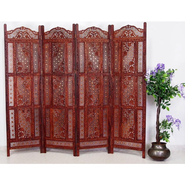 exclusive orient vintage wooden partition double-sided Teak Wood Brass Inlay 4 Panel Room Divider Folding Screen A...