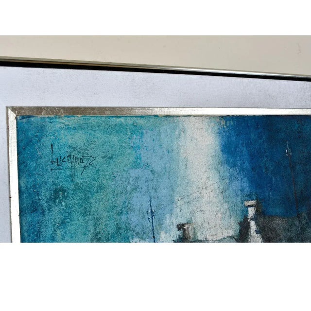 Expressionist Rustic European Blue White and Teal Village Landscape Painting With Boat For Sale - Image 10 of 16