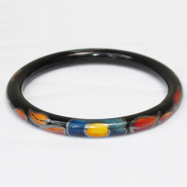 Art Deco Black Celluloid Bracelet Bangle with Leaves Design For Sale - Image 4 of 7