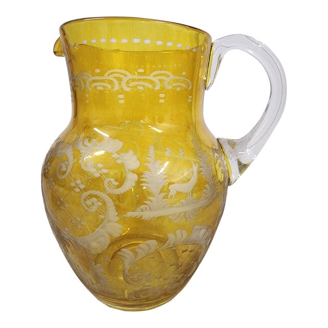 Early 20th Century Bohemian Etched Amber Glass Pitcher With Hunt Scene For Sale