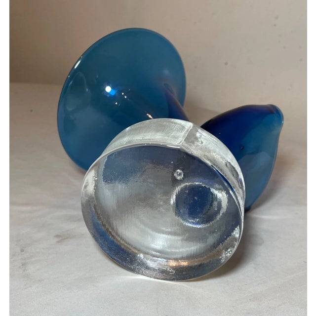 Vintage 1969 Unique Hand Blown Gest Art Studio Blue Glass Sculpture Vase Trumpet For Sale - Image 14 of 14