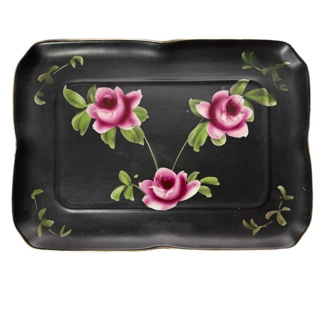 Rare Vintage Midwinter Burslem "Porcelon" Vanity Set - 6pc Black & Pink Rose Art Deco Up for sale is a stunning, highly...