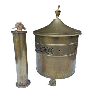 Vintage Footed Pierced Brass Coal Scuttle Bucket and Tall Duck Matchstick Holder For Sale