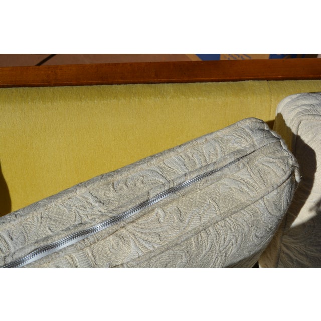 Vintage Baker Style Asian / Ming Fretwork Elmwood Wood Couch W/ White Embossed Cushions For Sale - Image 12 of 18
