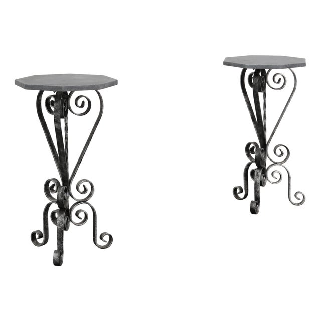 French Wrought Iron Consoles with Belgian Blue Stone Tops, 1950s, Set of 2 For Sale