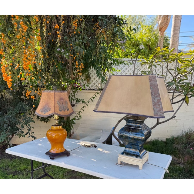 1940s Monumental Square Hollywood Regency Blue Multicolor Large Lamp Style After Fortuny & Parchment Shade For Sale - Image 16 of 18