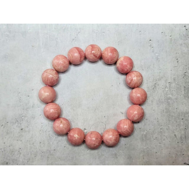 Contemporary Natural Rose Rhodochrosite Stretch Beaded Bracelet With Pink Matrix, 9" Long For Sale - Image 3 of 9